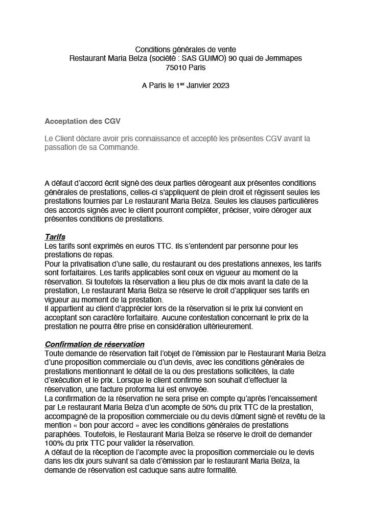 Document des conditions générales de vente, Paris