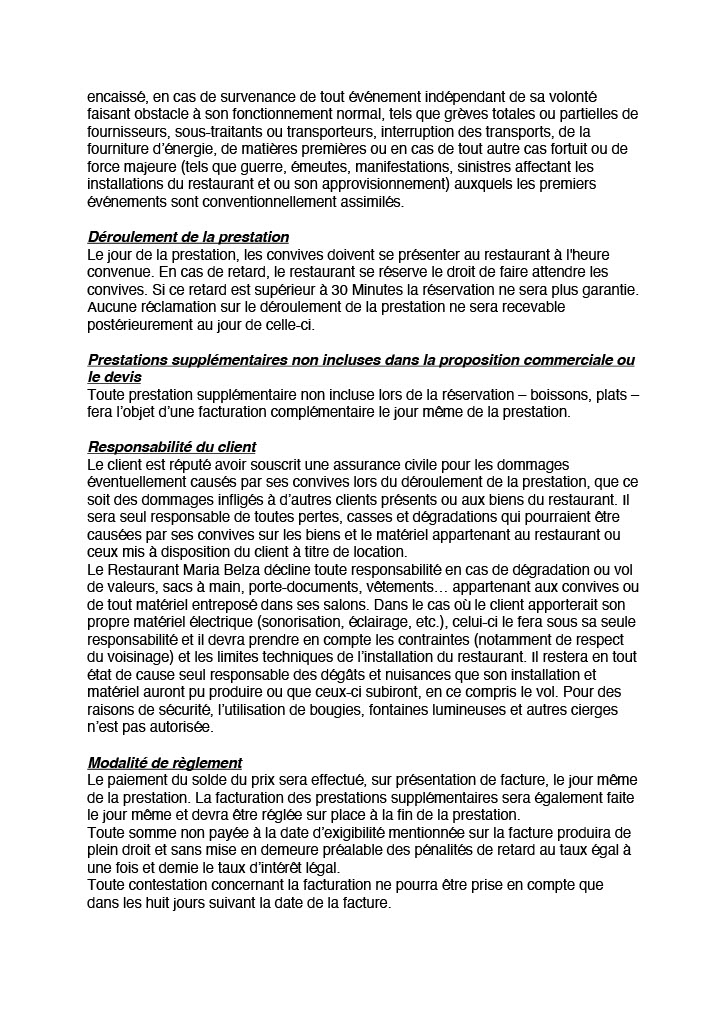 Texte contractuel français sur conditions de prestation